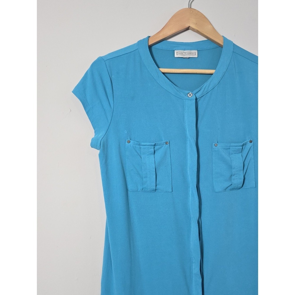 Dana Buchman Vintage 90s Turquoise Blouse Women L Stretch Casual Chic - Picture 4 of 9